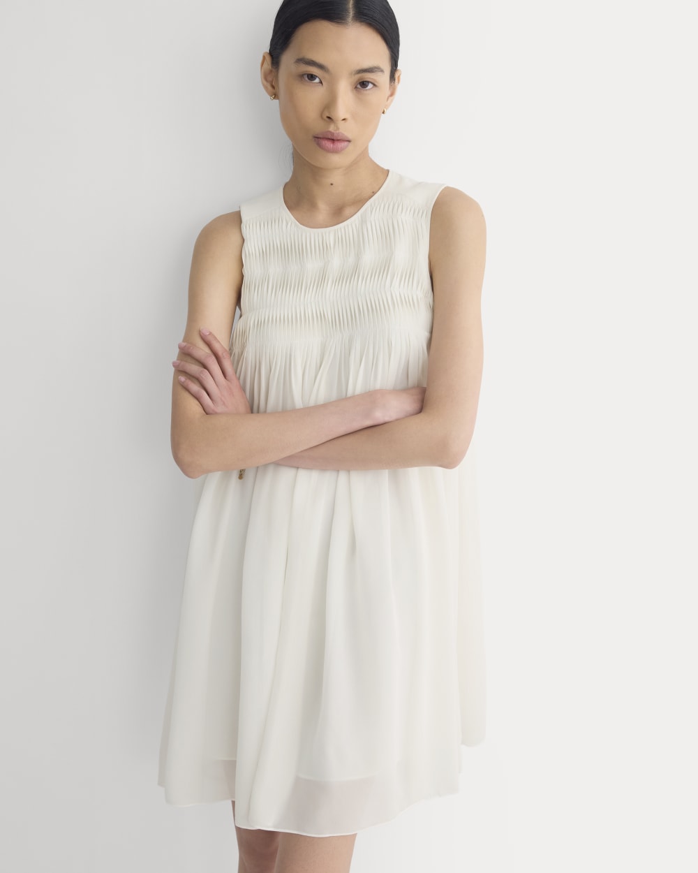 pleated silk mini dress Everlane Twisted Pleated Mini Dress In Silk Georgette In Bone, Size 14