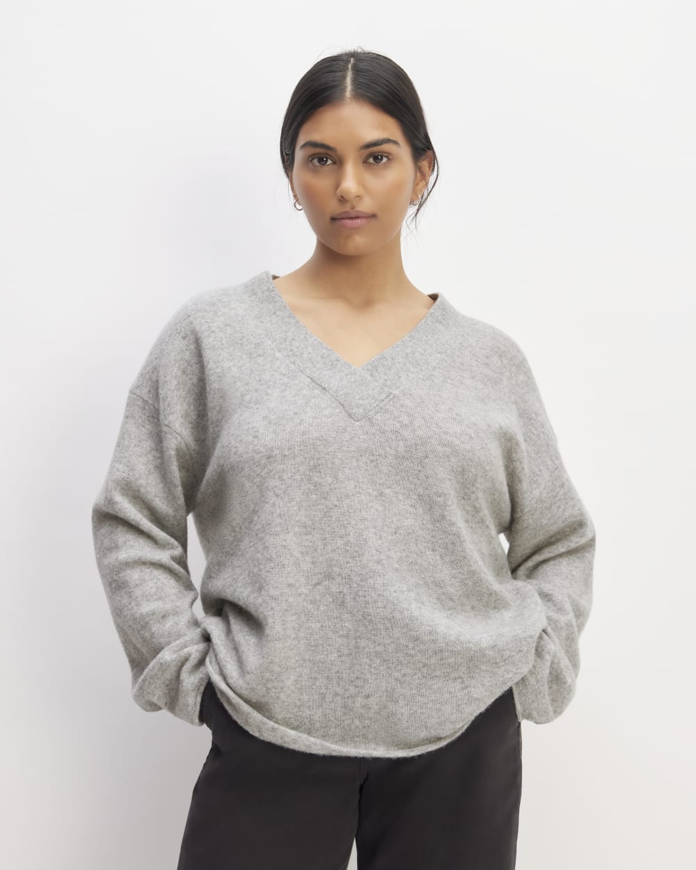 womens-cozy-stretch-v-neck-sweater-heathered-grey | primary