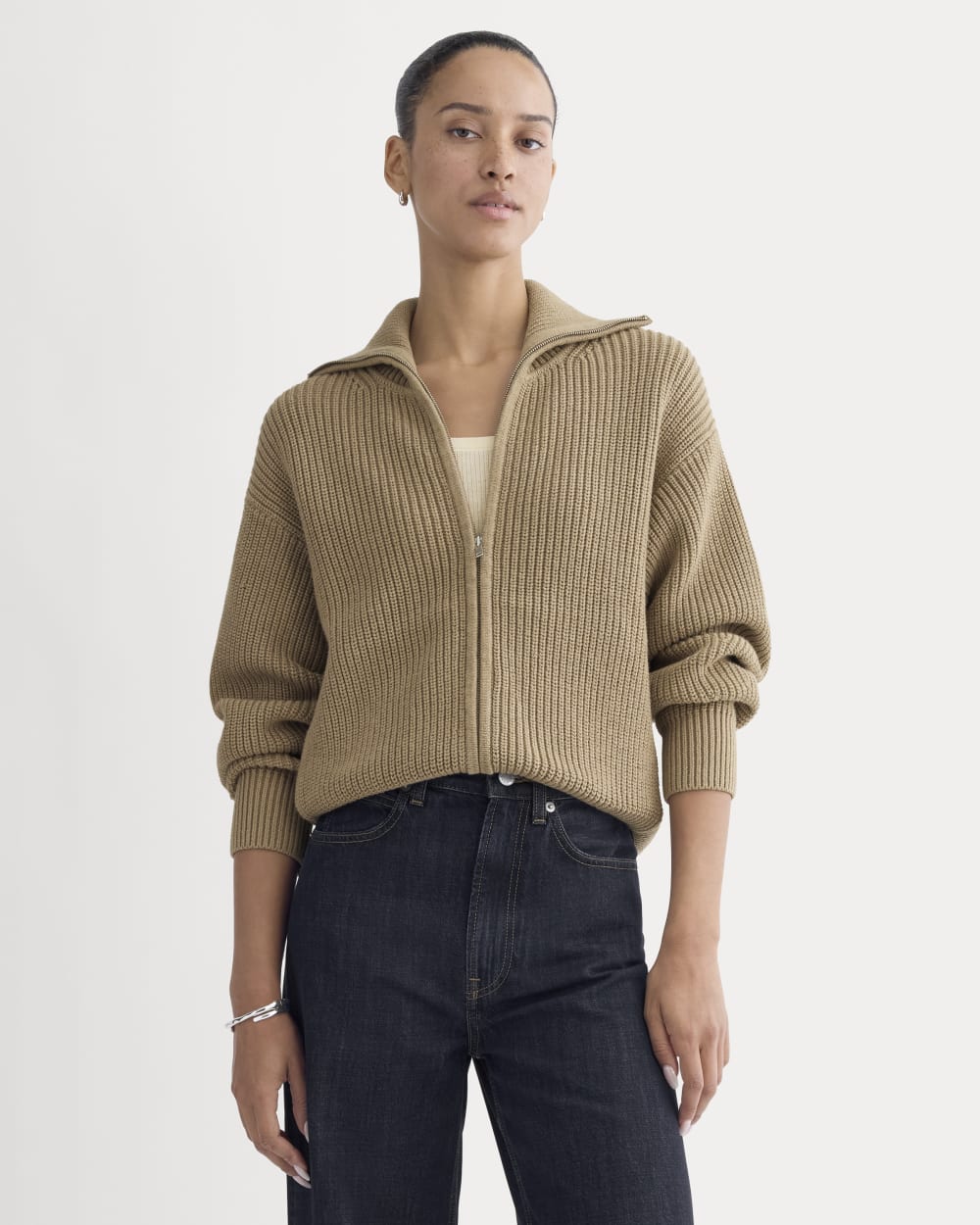 The Full-Zip Sweater in Everyday Cotton Dark Heathered Camel