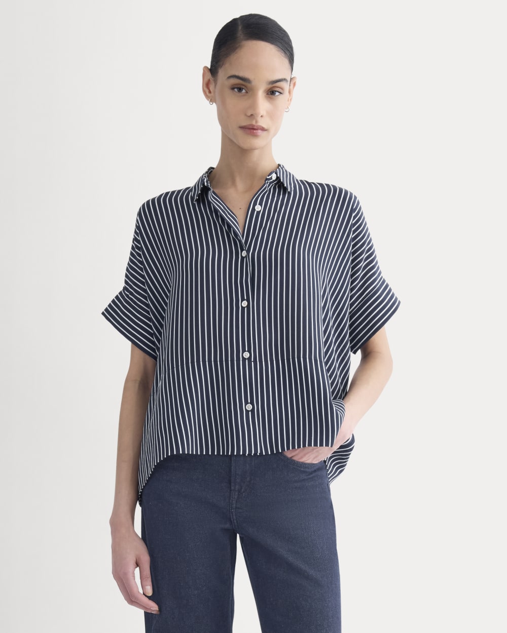 The Boxy Shirt in Washable Silk | True Navy / Bone Stripe Everlane The Boxy Shirt in Washable Silk | True Navy / Bone Stripe Everlane
