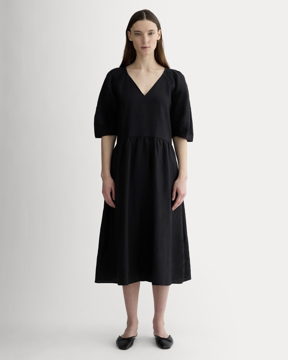 womens-linen-oversized-puff-sleeve-dress-black | primary