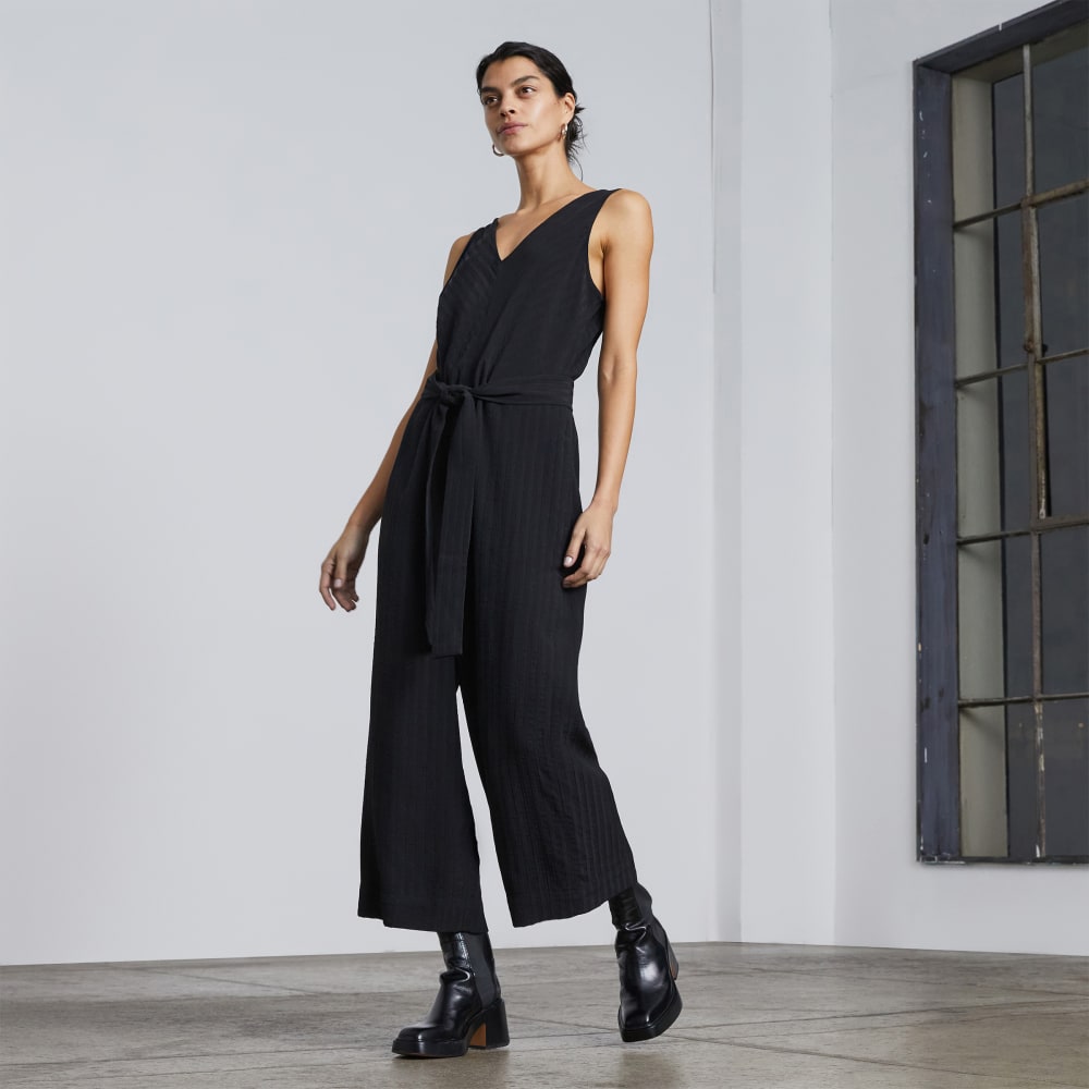 womens-city-stripe-draped-jumpsuit-black | primary