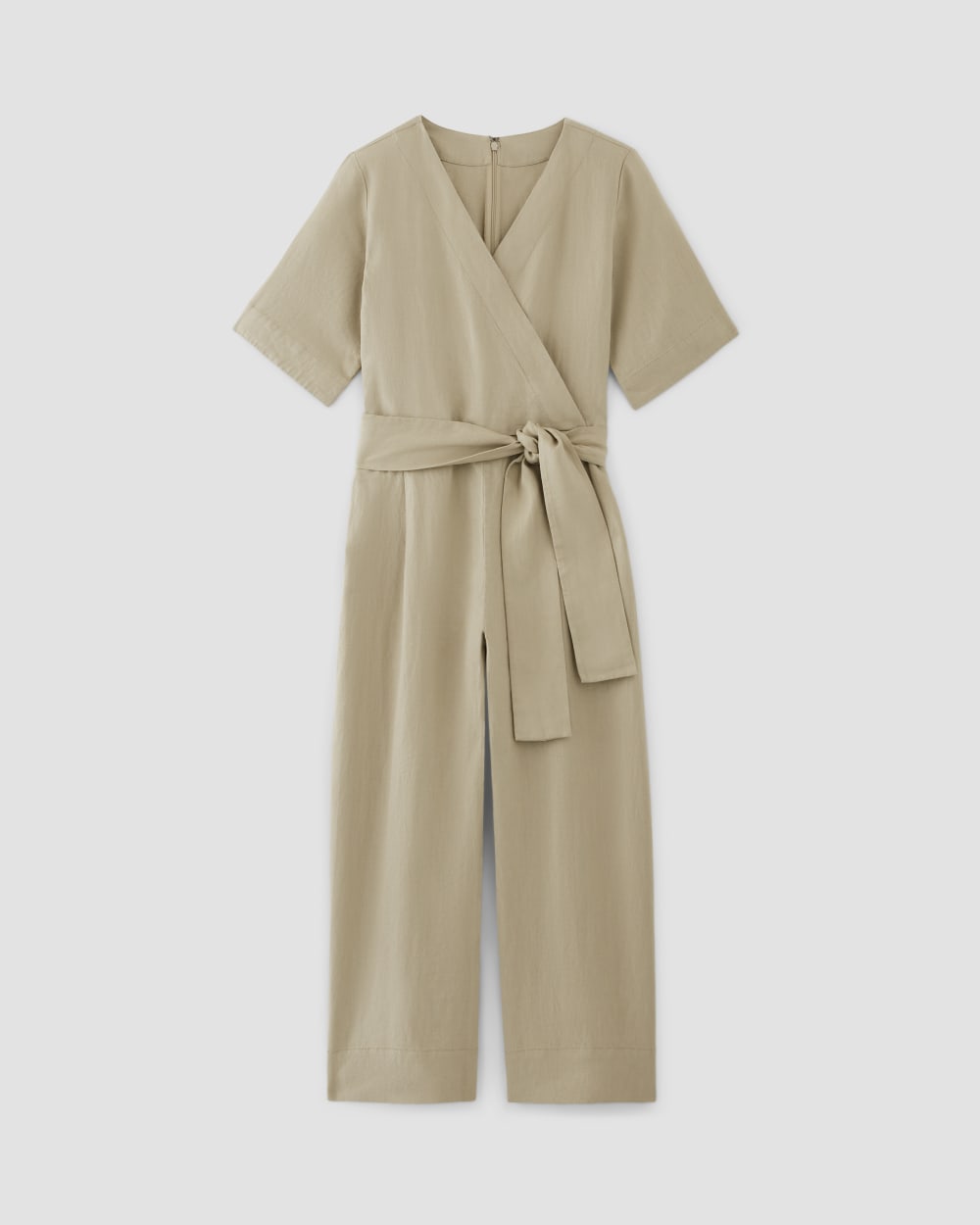 womens-linen-cross-front-jumpsuit-trench-coat-khaki | alt