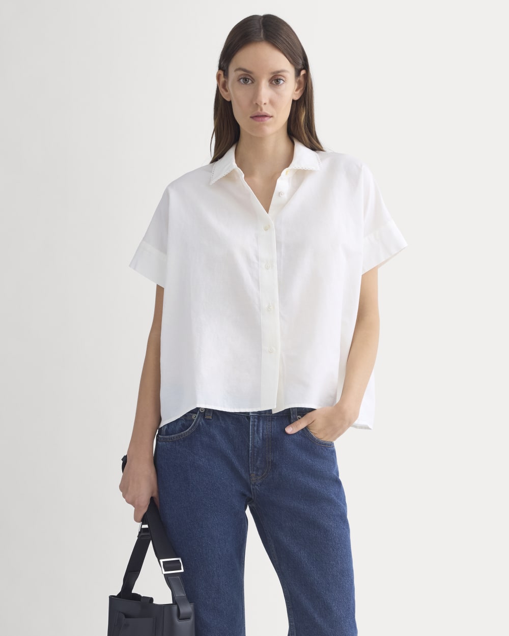 Everlane Scalloped-Collar Square Shirt In Bone, Size 00, Cotton Everlane Scalloped-Collar Square Shirt In Bone, Size 00, Cotton