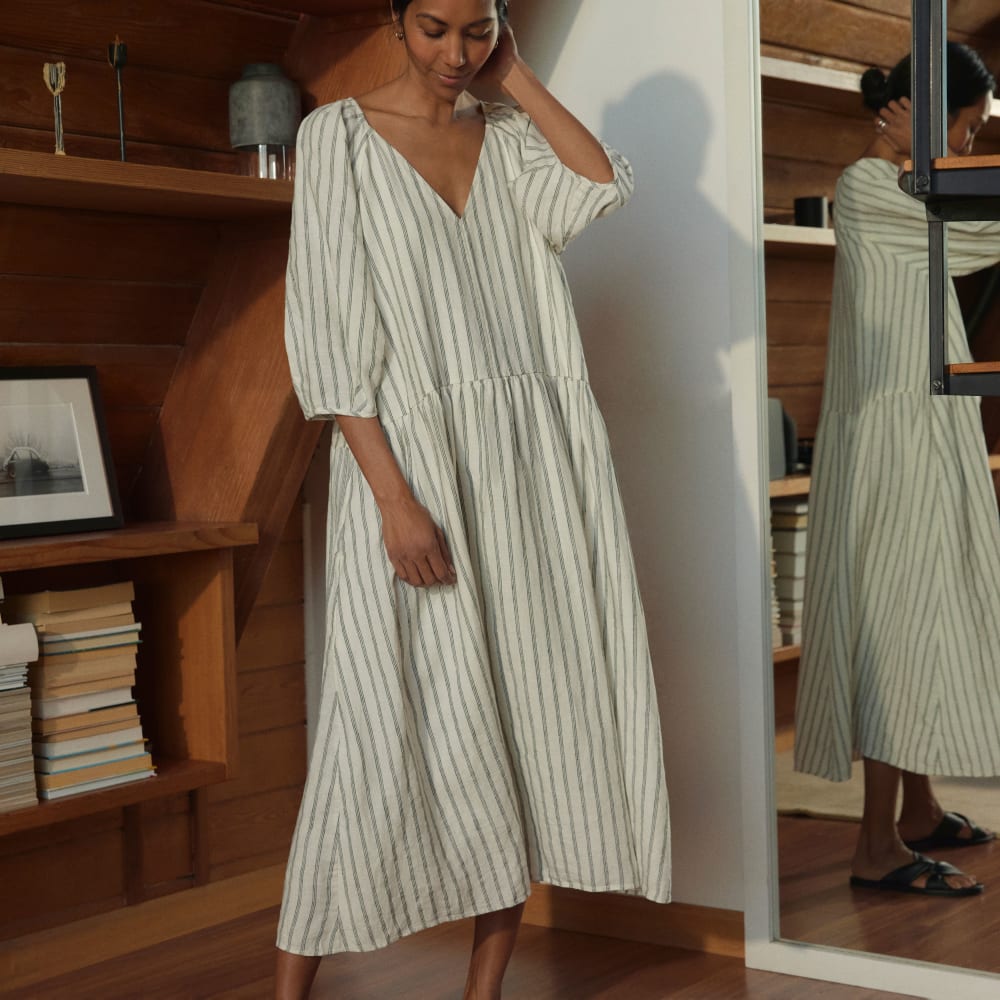 womens-linen-puff-sleeve-dress-black-canvas-tan