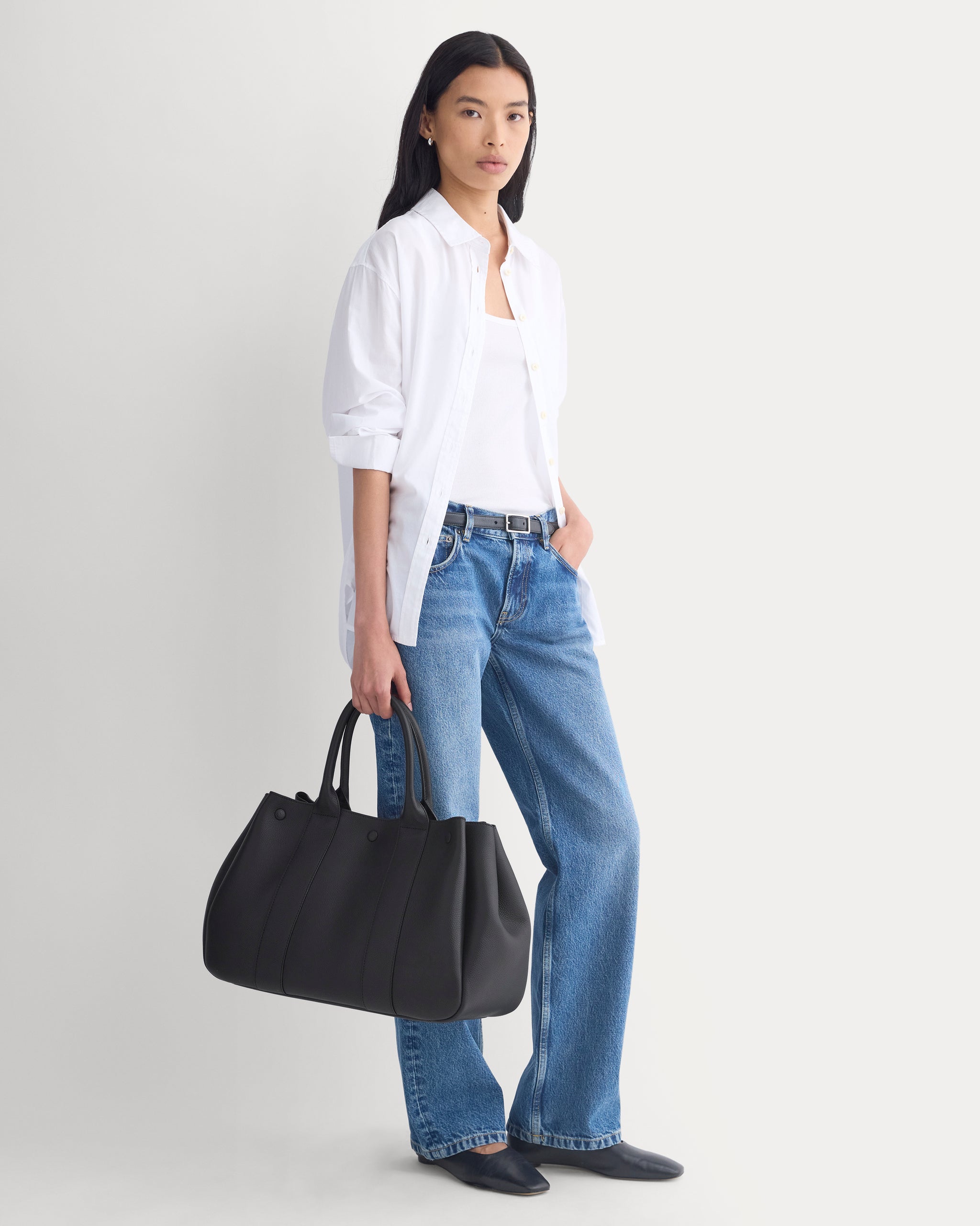 Leather Boxy Tote | Black Pebble Leather