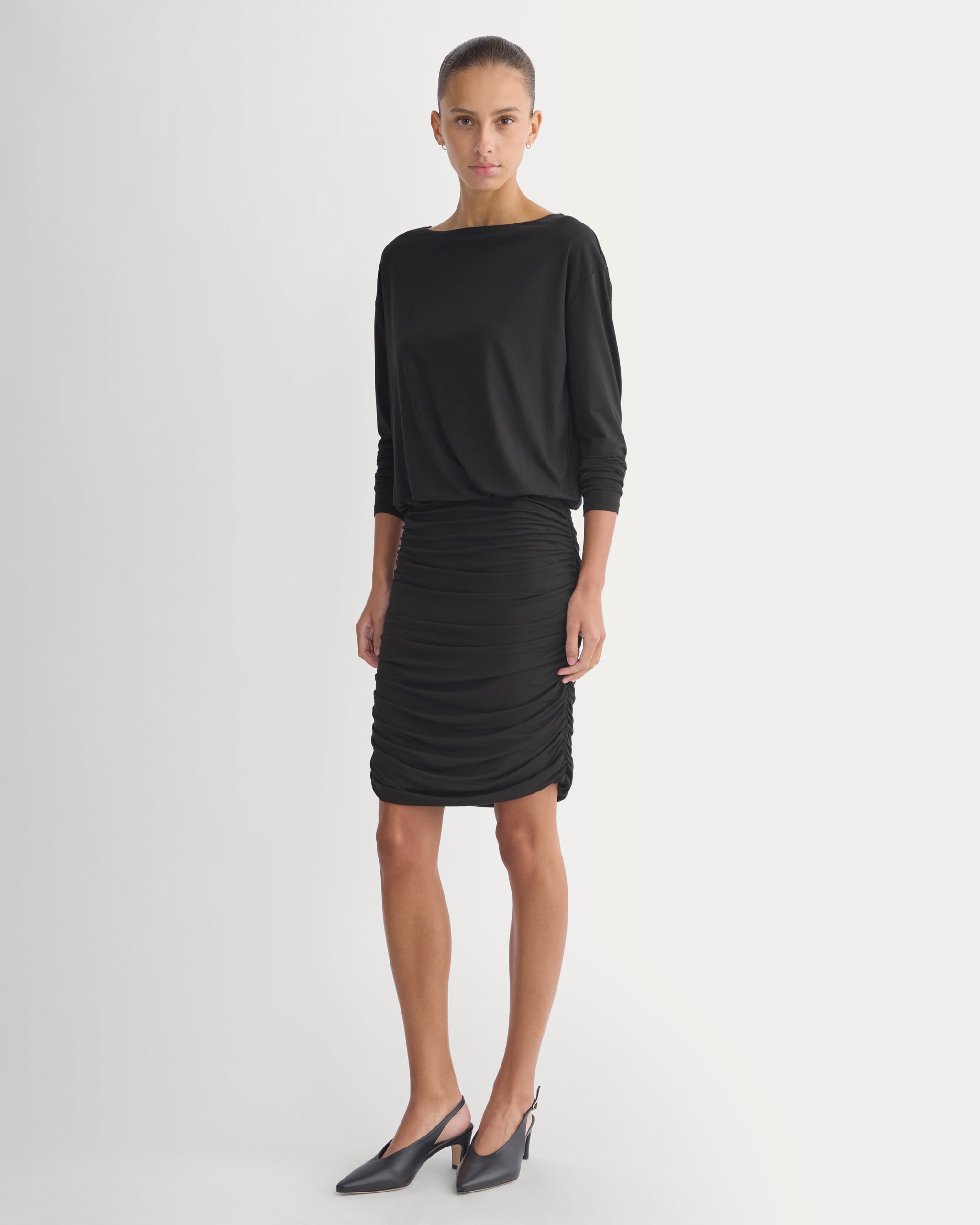 Drapey Jersey Ruched Mini Dress | Black
