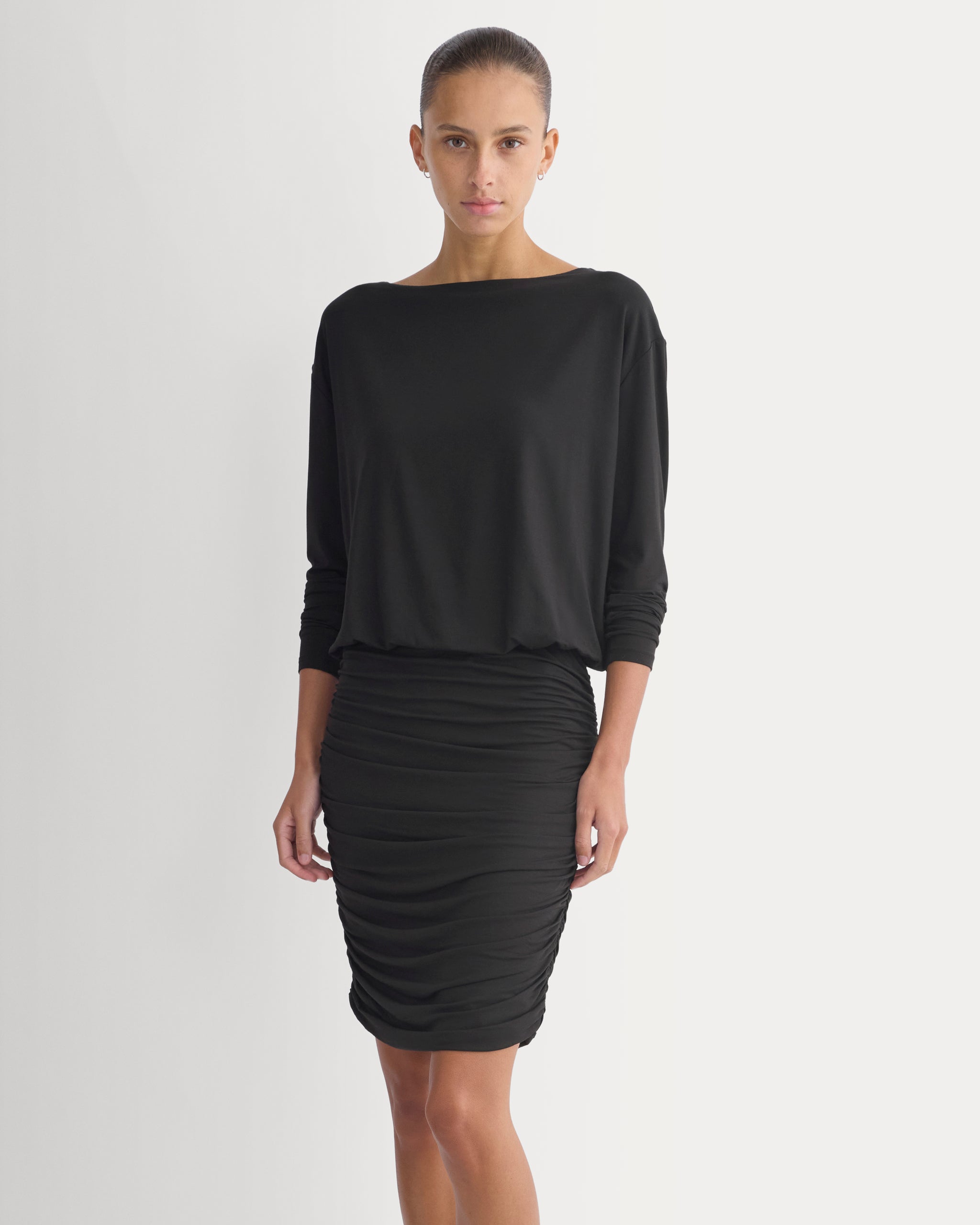Drapey Jersey Ruched Mini Dress | Black