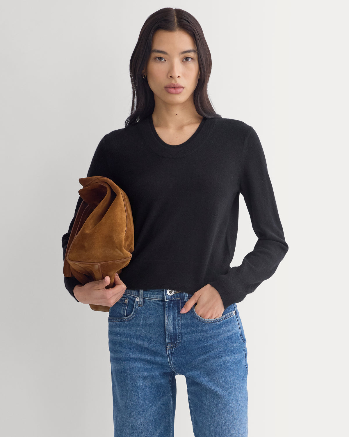Fine Cashmere Long-Sleeve U-Neck Sweater | Black