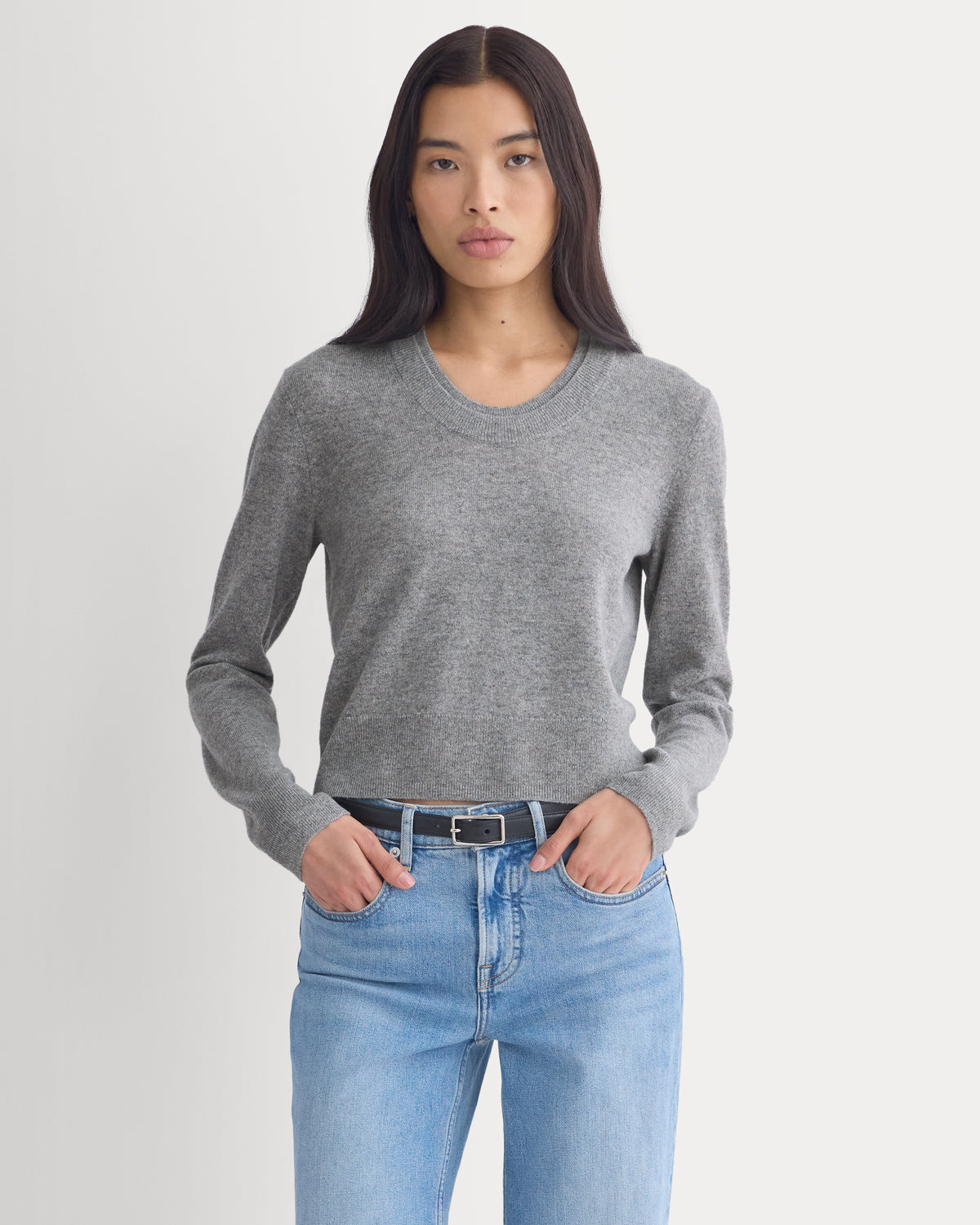 Fine Cashmere Long-Sleeve U-Neck Sweater | Heathered Light Grey