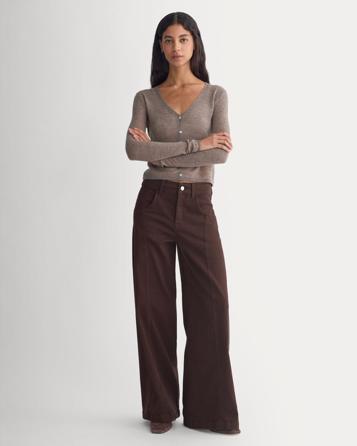 Air Alpaca Wide V Cropped Cardigan | Heathered Chocolate Chip