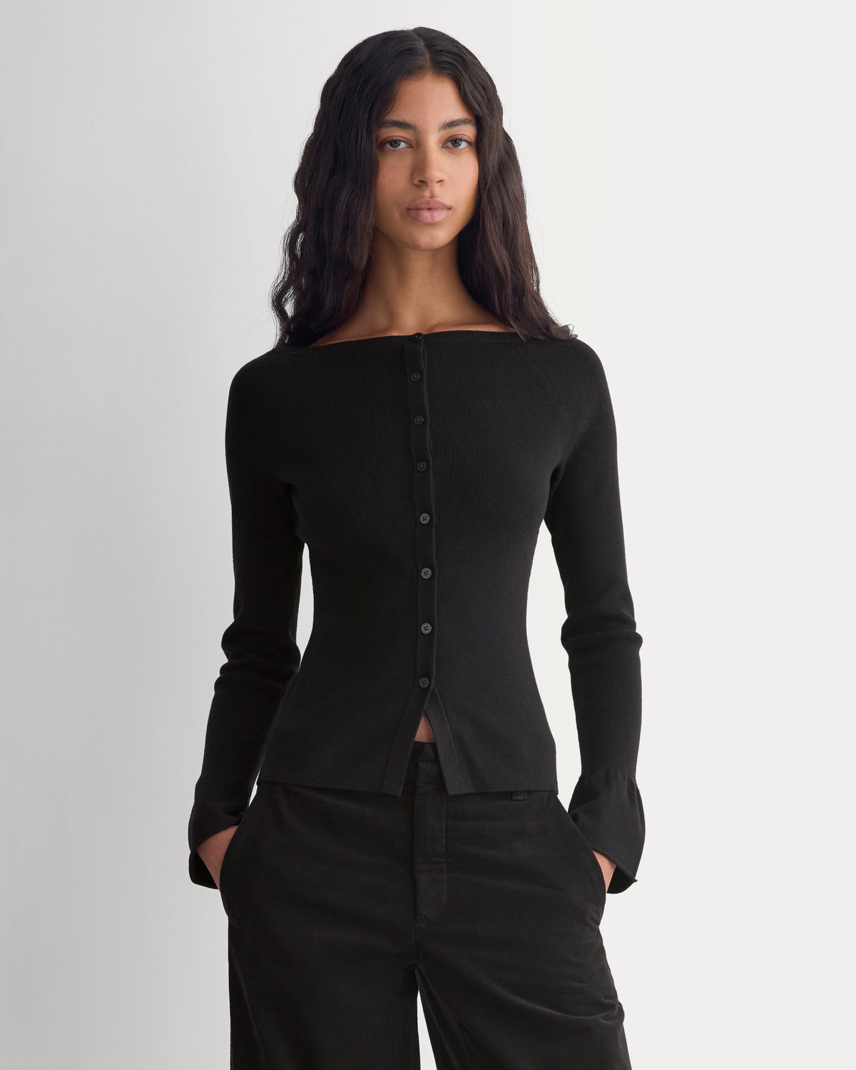 Fine Knit Off-The-Shoulder Cardigan | Black