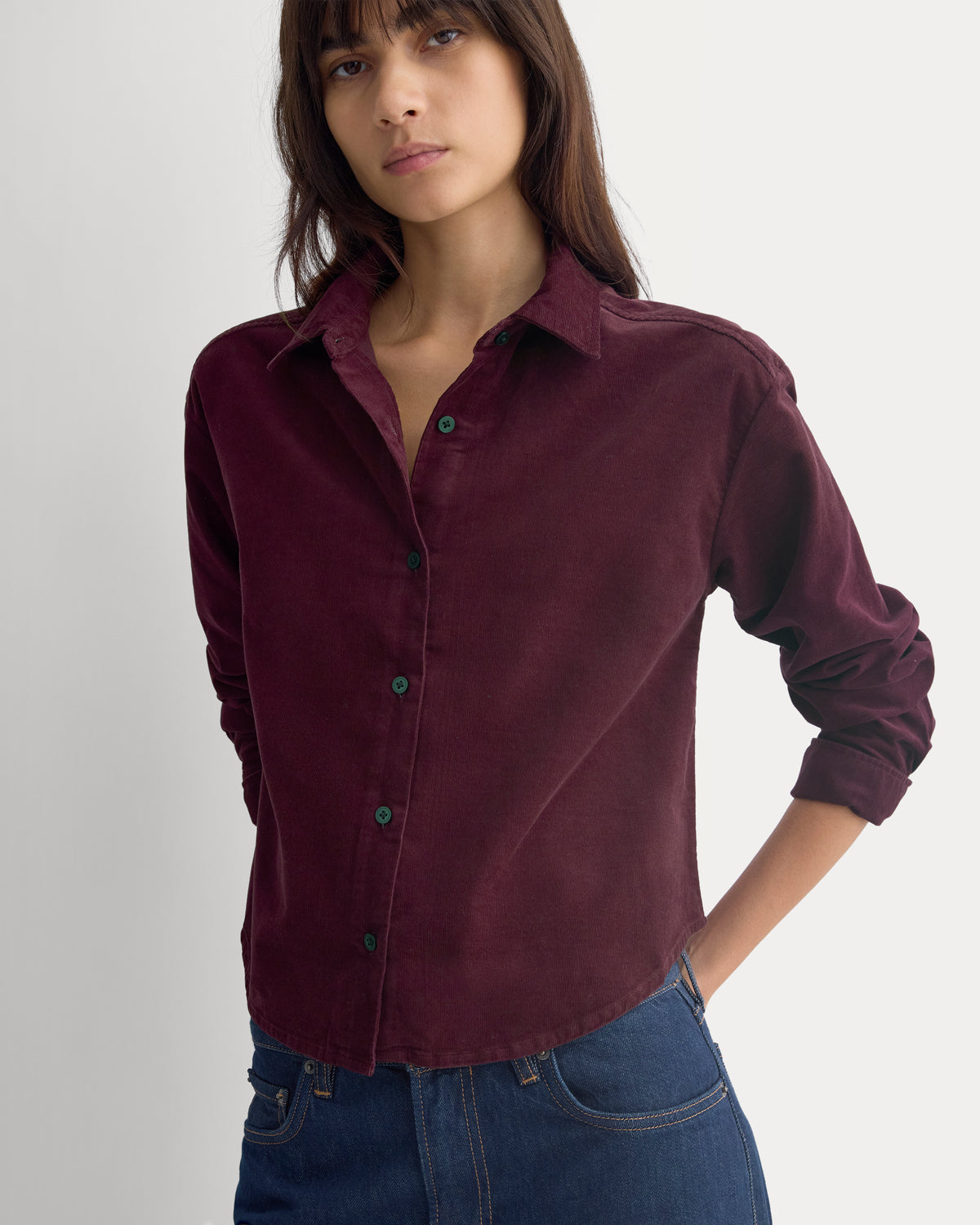 Cropped Shirt in Pinwale Corduroy | Deep Plum