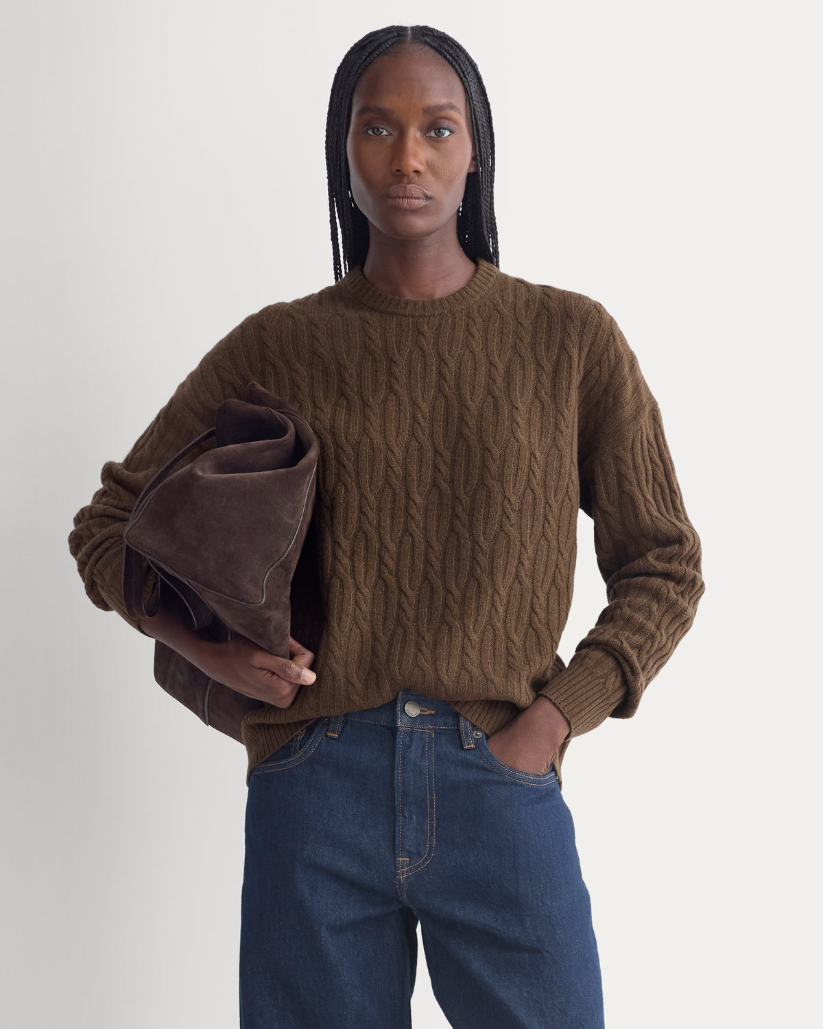 Relaxed Cable-Knit Crew in Luxe Merino | Cocoa