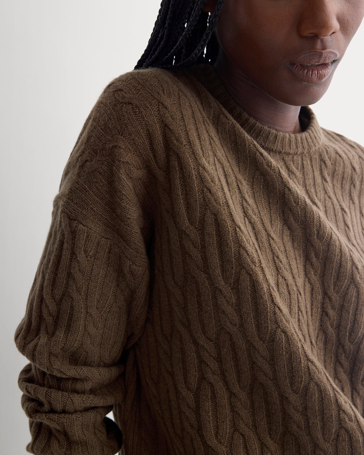 Relaxed Cable-Knit Crew in Luxe Merino | Cocoa