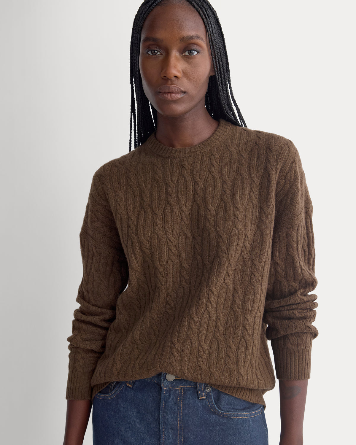 Relaxed Cable-Knit Crew in Luxe Merino | Cocoa