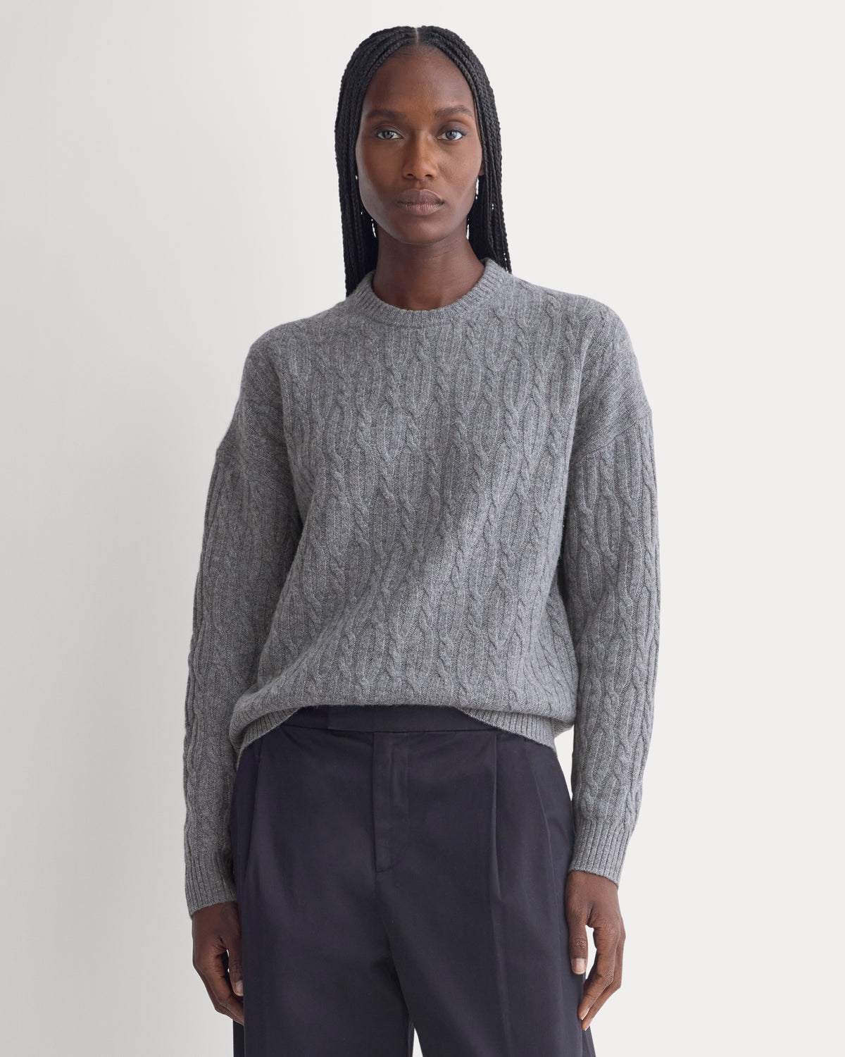 Relaxed Cable-Knit Crew in Luxe Merino | Heathered Mid-Grey
