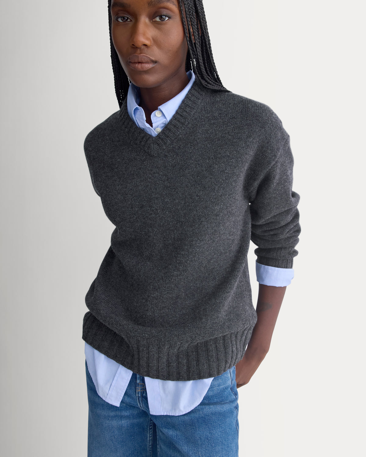 V-Neck Sweater in Extrafine Luxe Merino | Heathered Soot