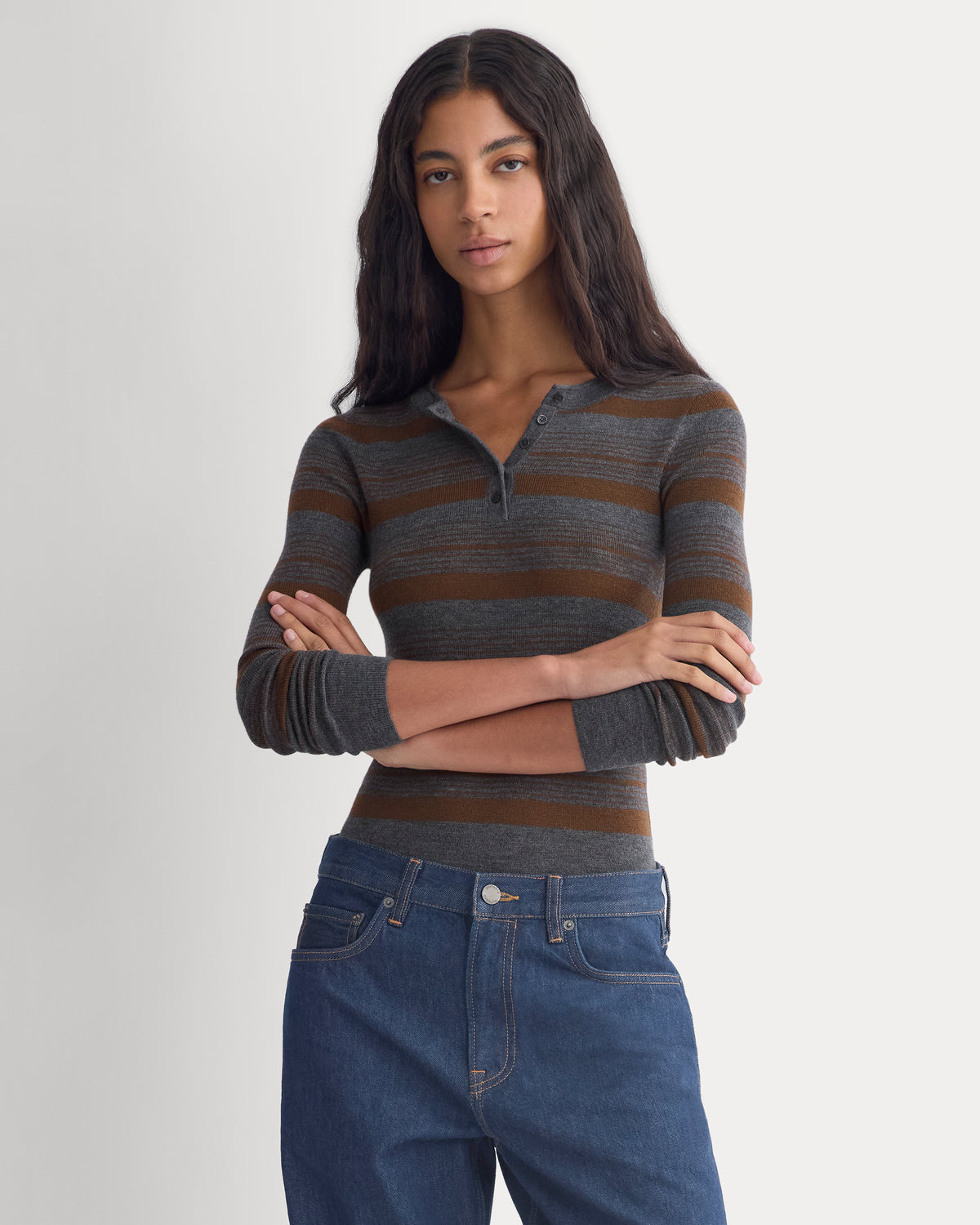 Long-Sleeve Henley in Ultrasoft Merino | Cocoa/Heather Charcoal