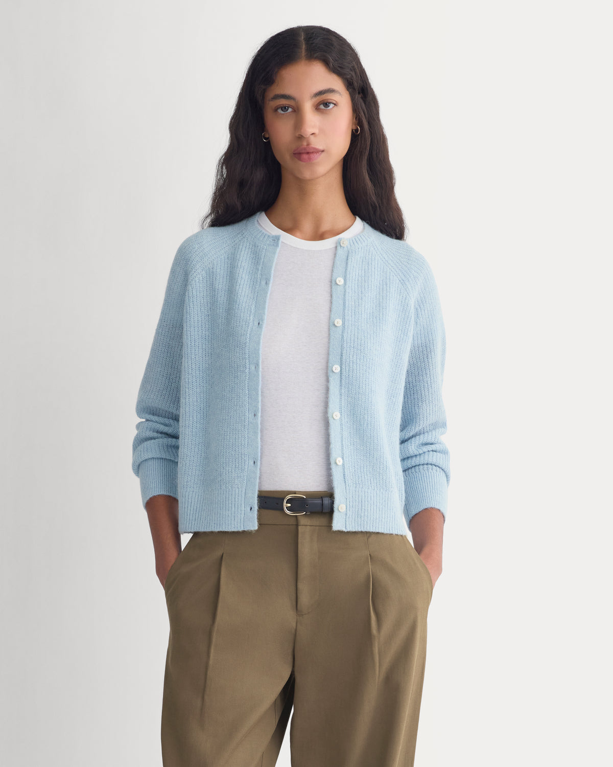 Ribbed Cropped Cardigan in Alpaca | Cashmere Blue