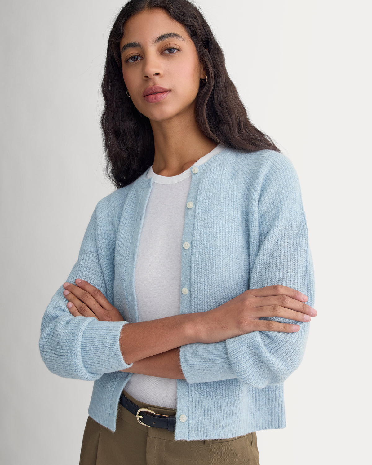 Ribbed Cropped Cardigan in Alpaca | Cashmere Blue