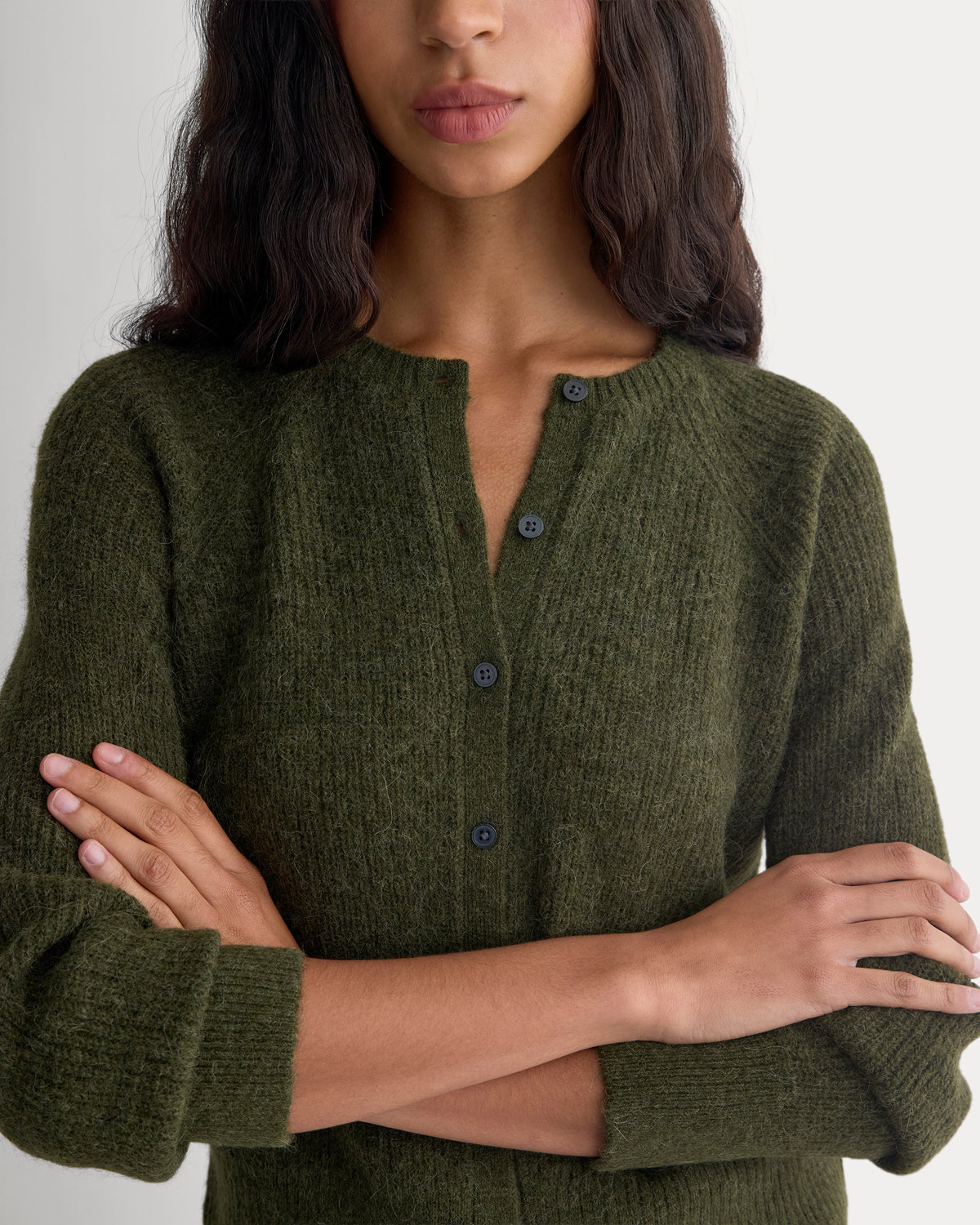 Ribbed Cropped Cardigan in Alpaca | Dark Forest