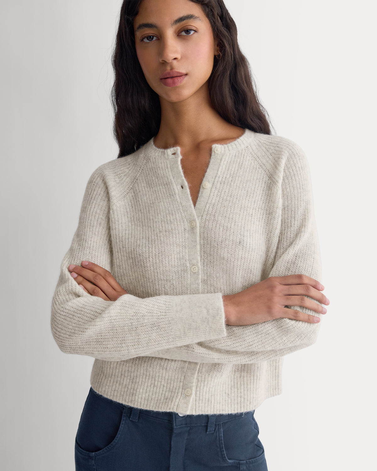 Ribbed Cropped Cardigan in Alpaca | Almond