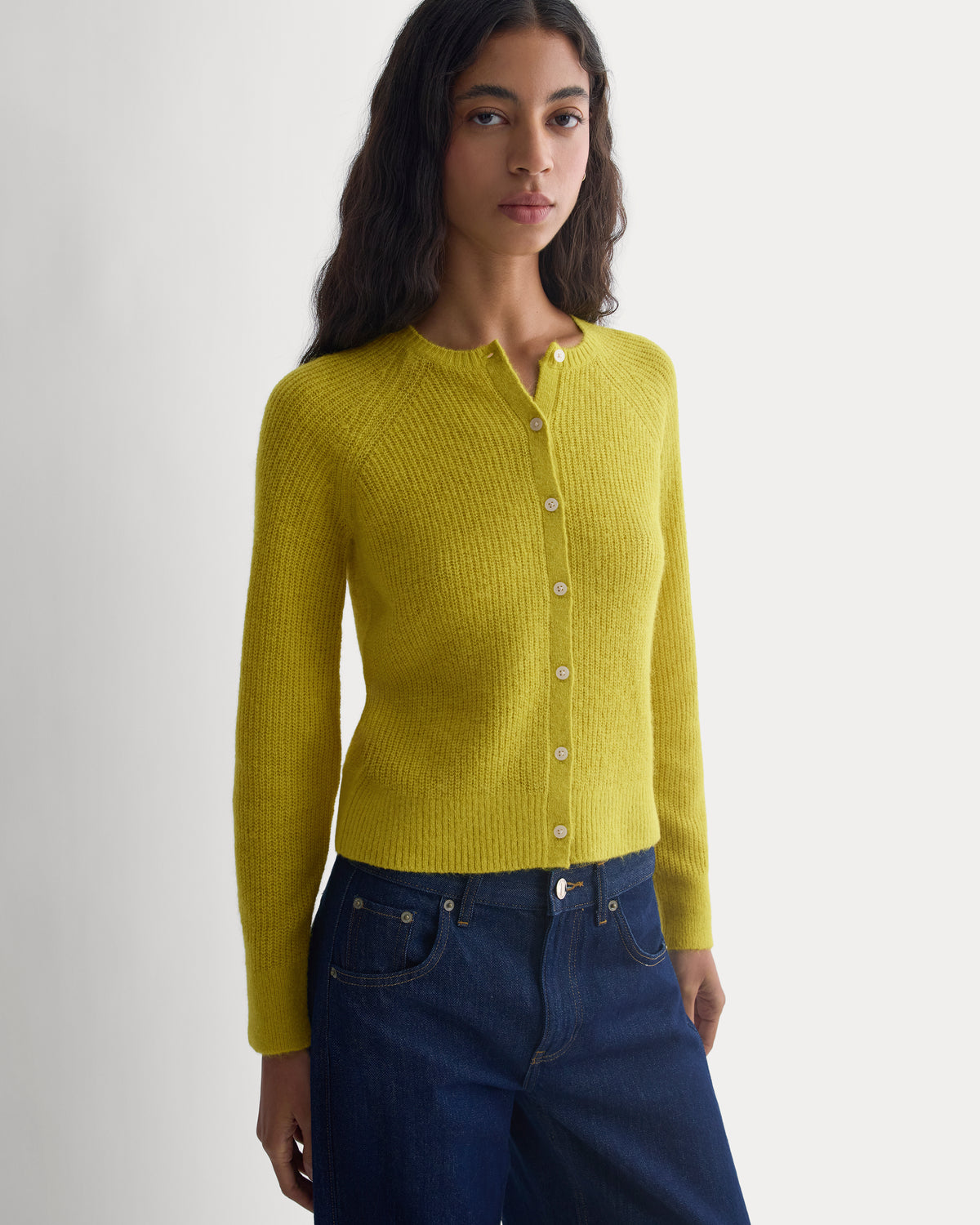 Ribbed Cropped Cardigan in Alpaca | Warm Olive