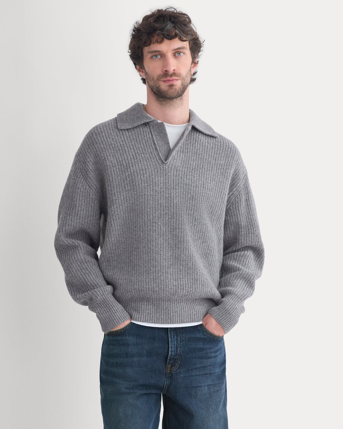 Ribbed Collared Sweater in Felted Merino | Heathered Mid-Grey