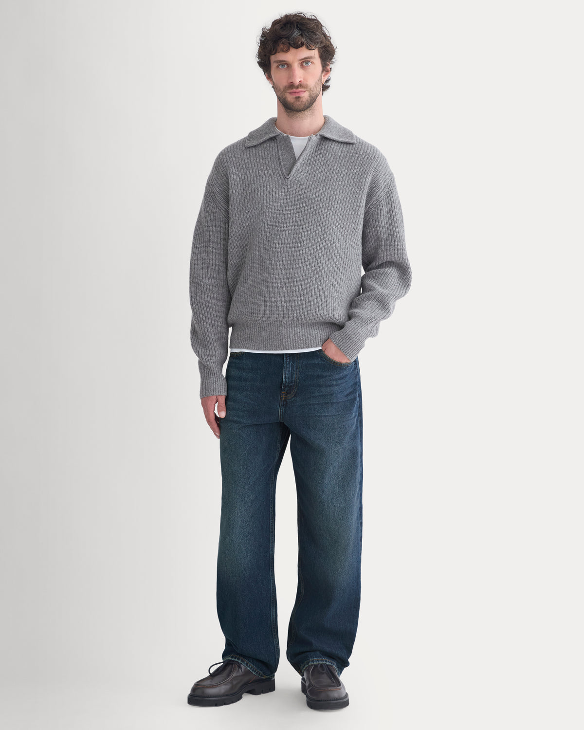 Ribbed Collared Sweater in Felted Merino | Heathered Mid-Grey