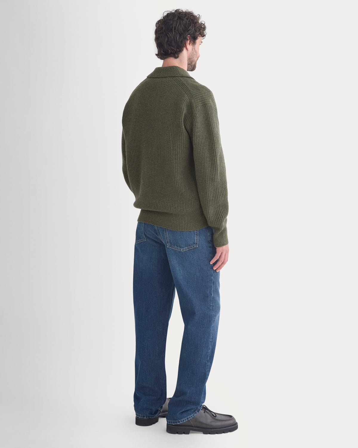 Ribbed Collared Sweater in Felted Merino | Heathered Olive Night