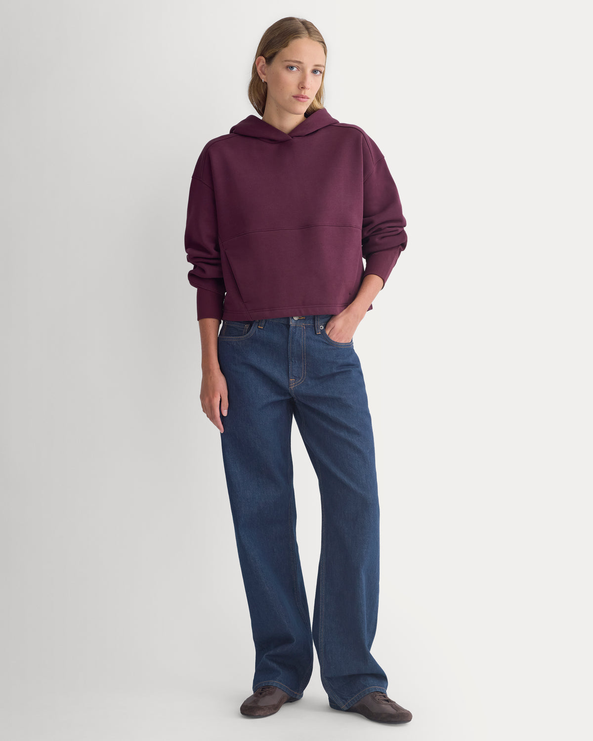 Luxe Fleece Seamed Cropped Hoodie | Deep Plum