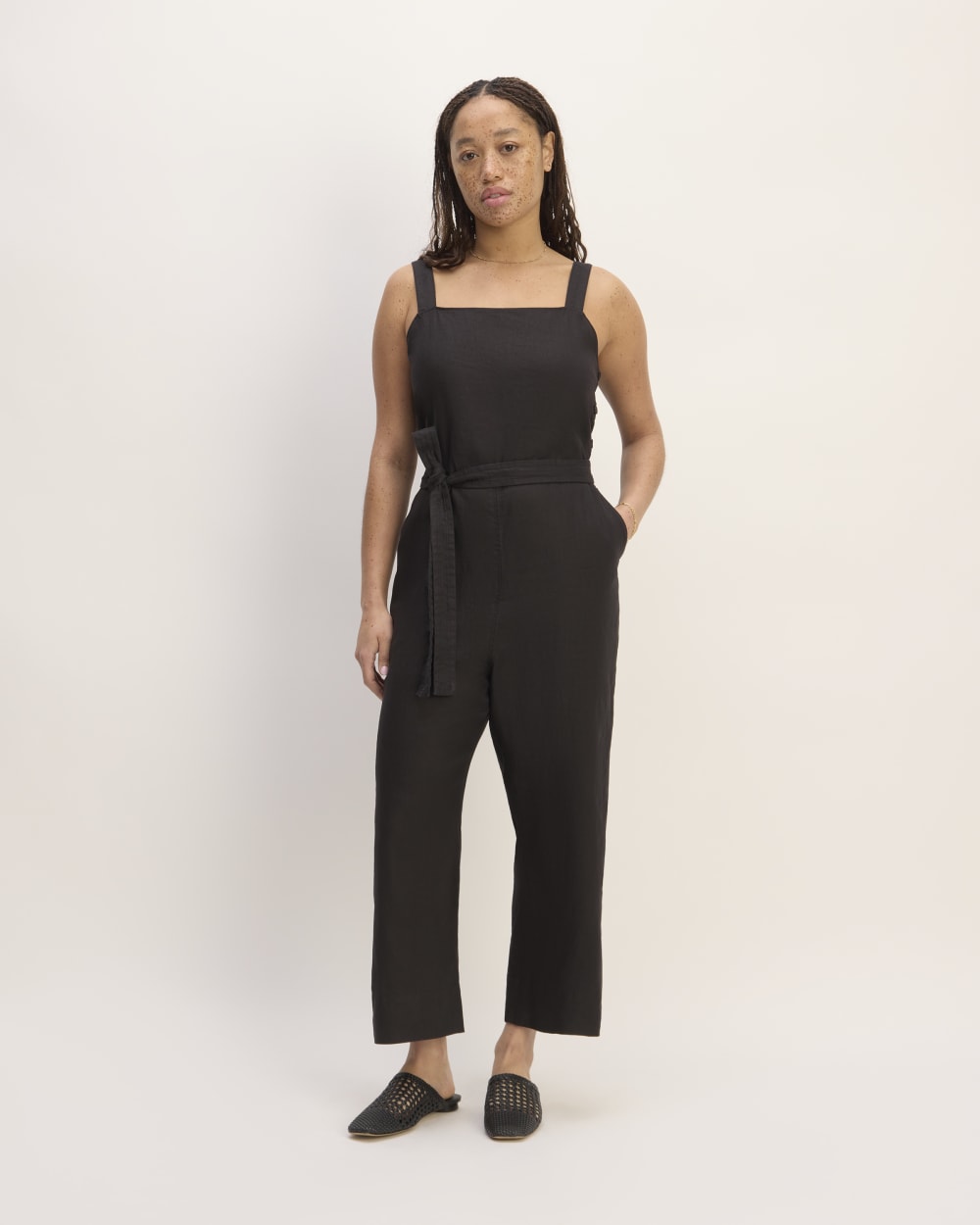 womens-linen-side-button-jumpsuit-black | primary