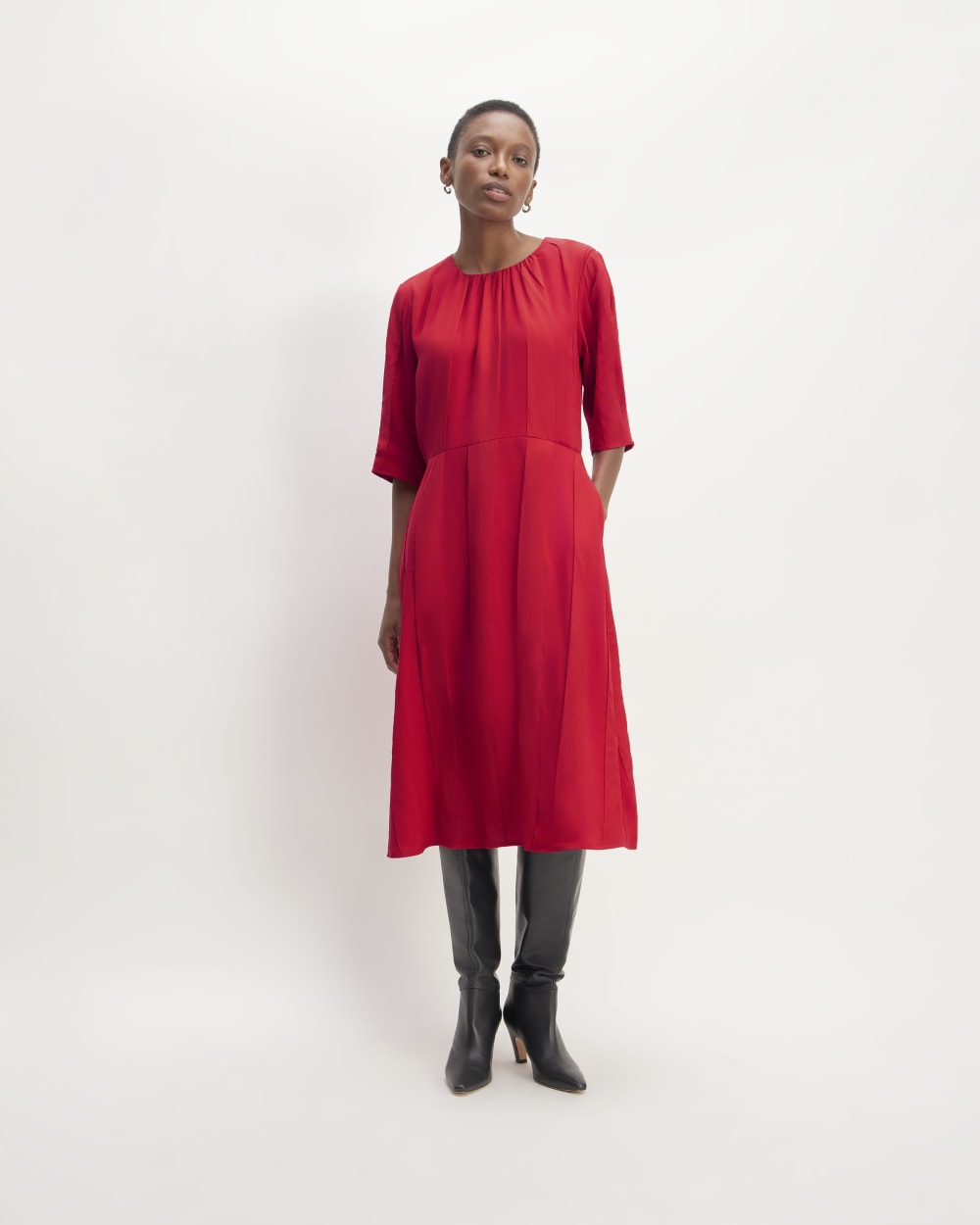 womens-city-stripe-ruched-dress-haute-red | primary