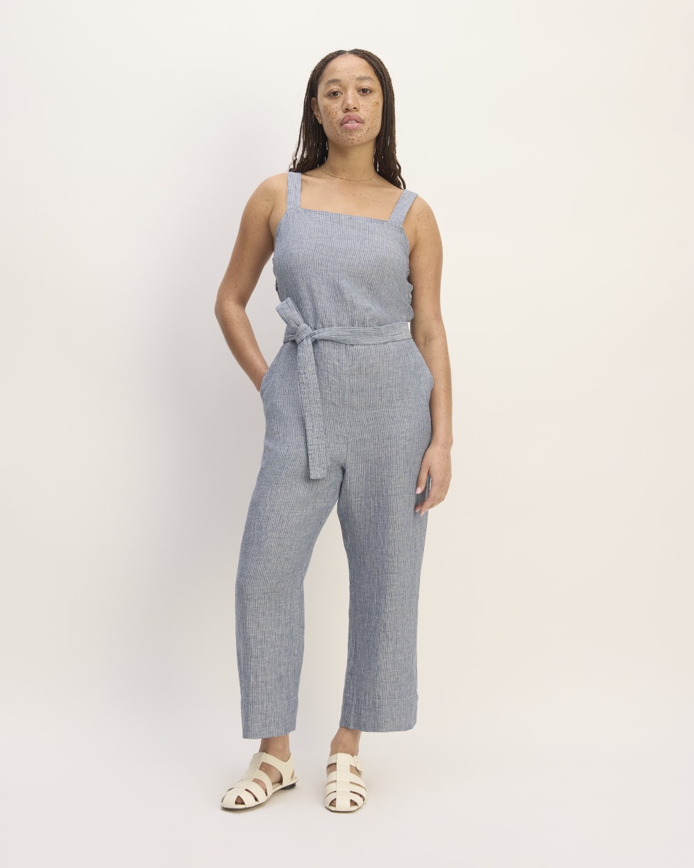 womens-linen-side-button-jumpsuit-white-blue | primary