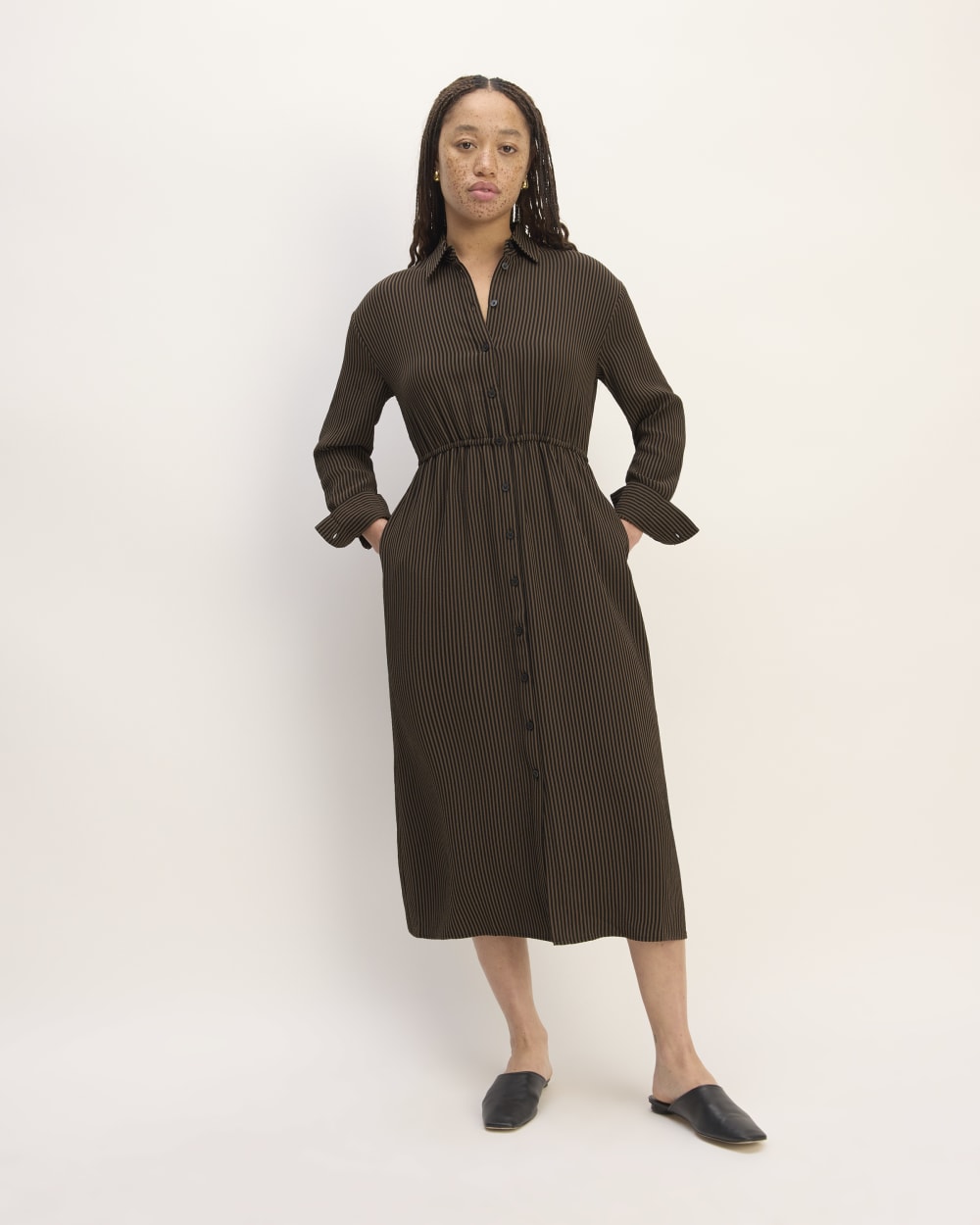 The Mini Jacquard Stripe Shirt Dress | Cocoa / Black Everlane The Mini Jacquard Stripe Shirt Dress | Cocoa / Black Everlane