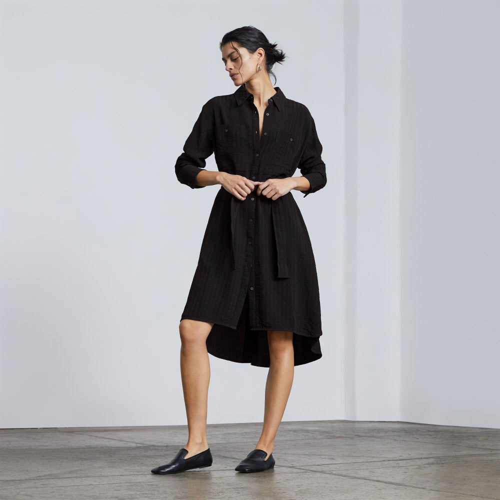 everlane shirt dress The City Stripe Draped Shirt Dress