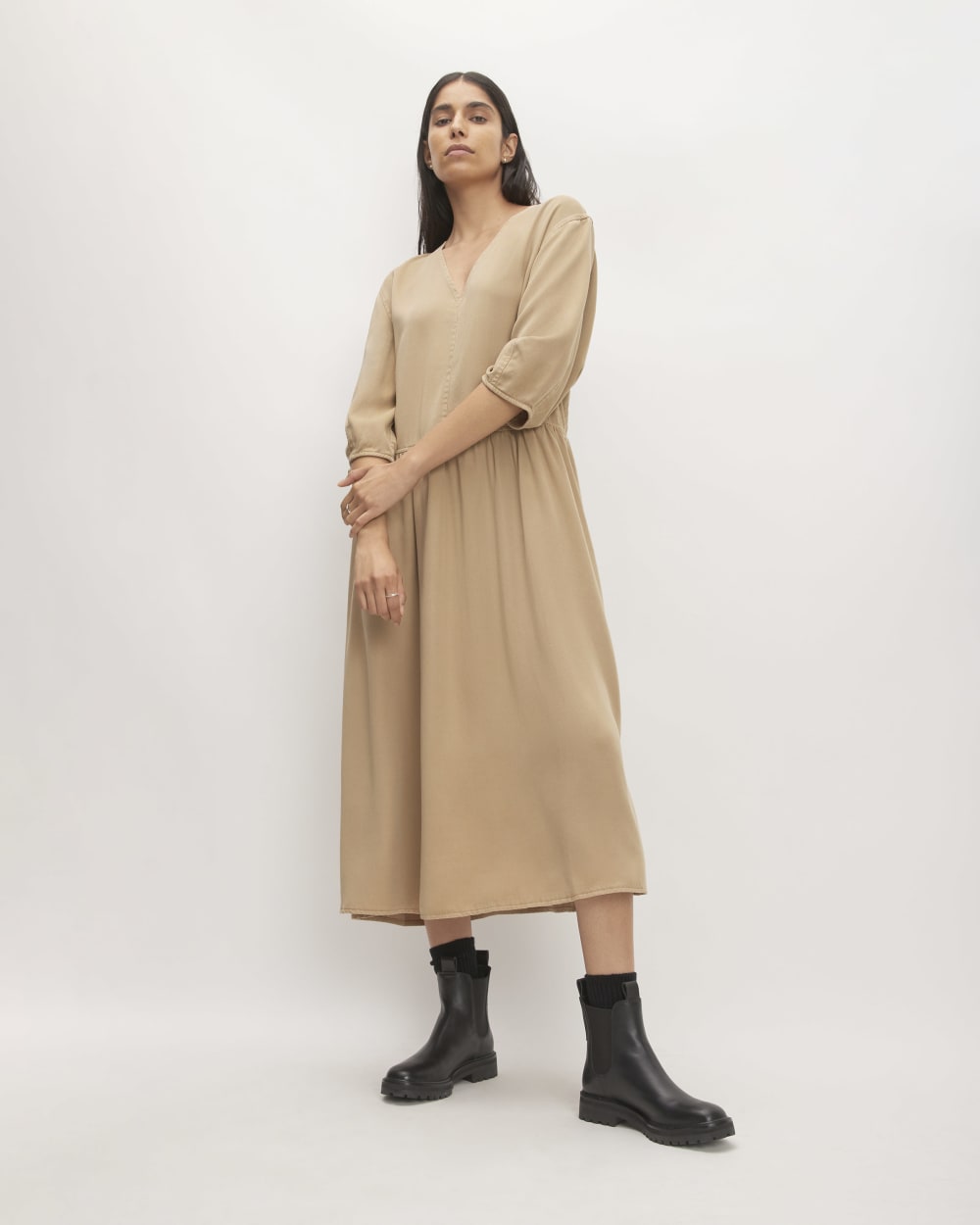 ladies tencel dress Women's Tencel Linen a-Line Belted Dress