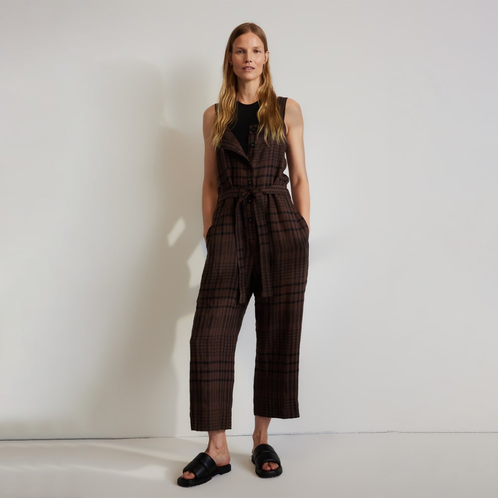 womens-linen-picnic-jumpsuit-chocolate-brown-black | primary