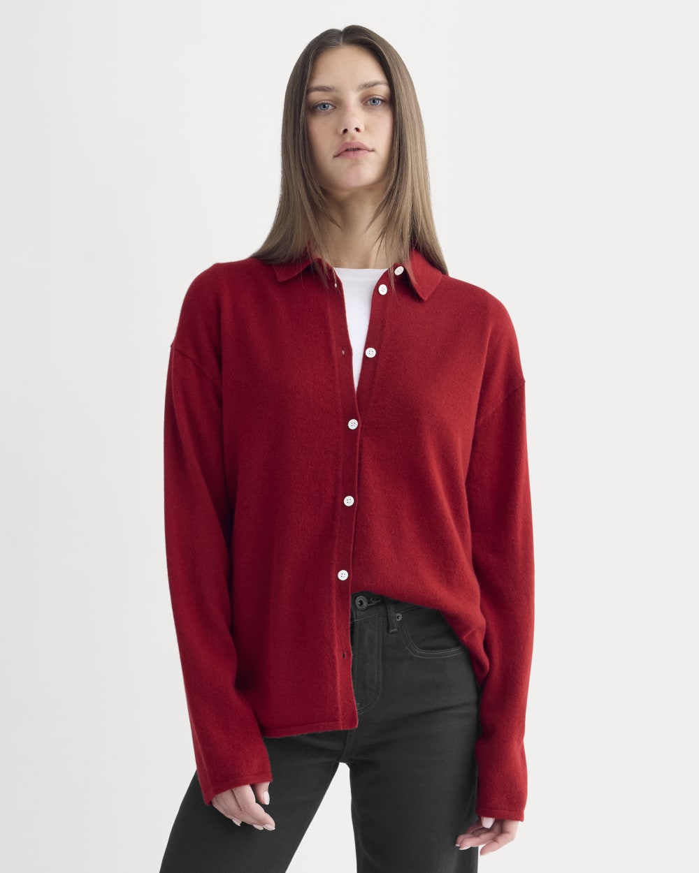 womens-cashmere-button-up-shirt-berry-red | primary