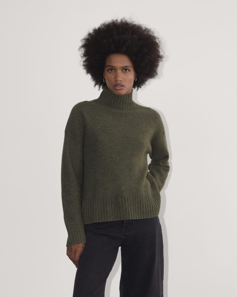 The Honeycomb Funnel Neck in Wool Cashmere Heathered Army Green