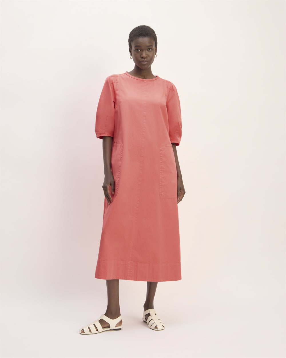 The Short-Sleeve Puff Midi Dress | Coral Everlane The Short-Sleeve Puff Midi Dress | Coral Everlane