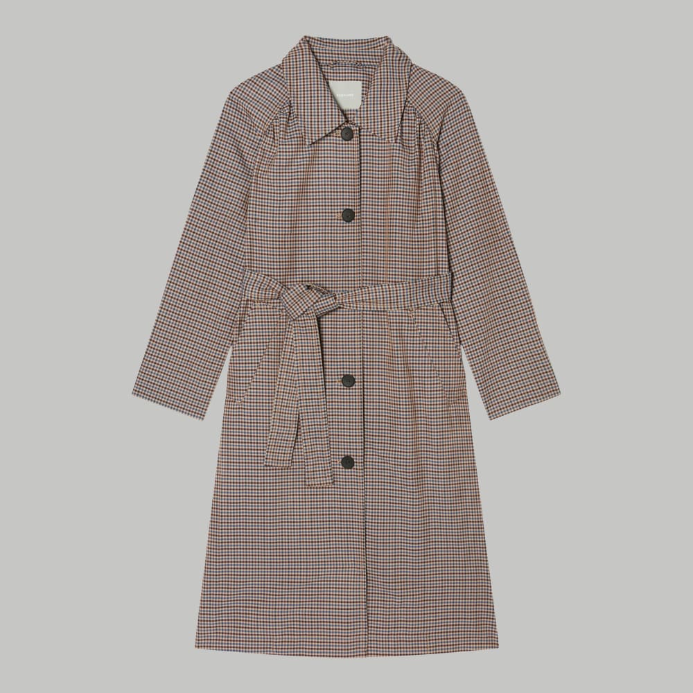 womens-gathered-mac-trench-blue-brown-houndstooth | alt
