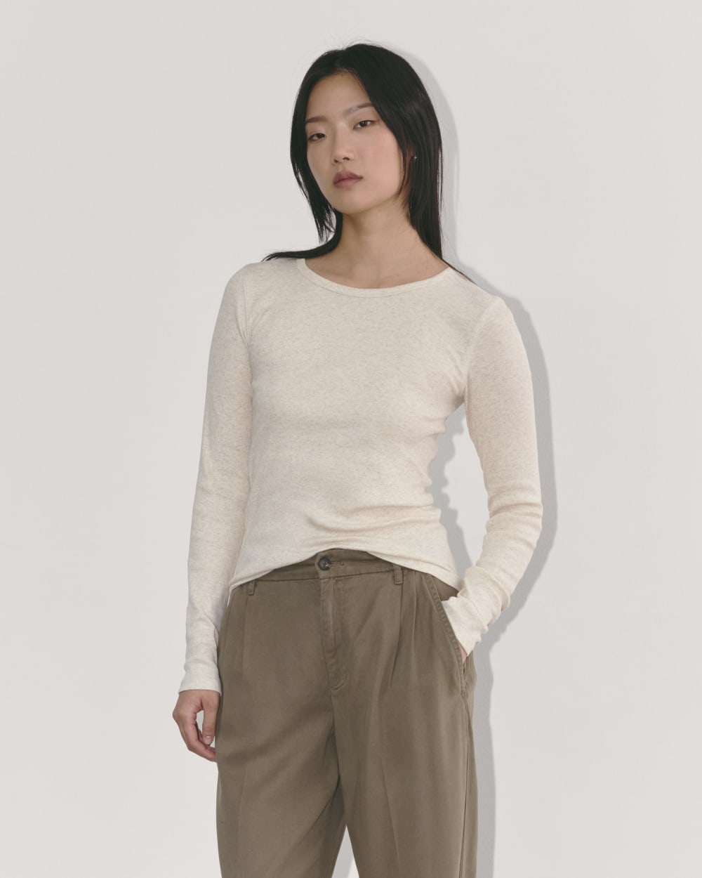 The Luxe Rib Long-Sleeve Crew Heathered Oat – Everlane
