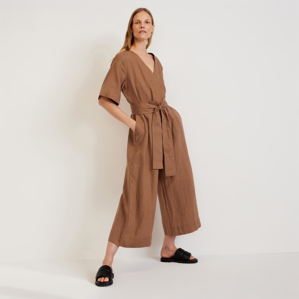 womens-linen-cross-front-jumpsuit-cocoa-brown | primary