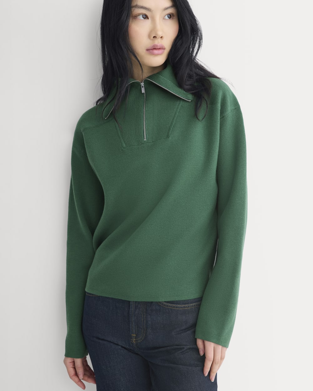 womens-double-knit-half-zip-cottonmerino-hunter-green-navy | primary