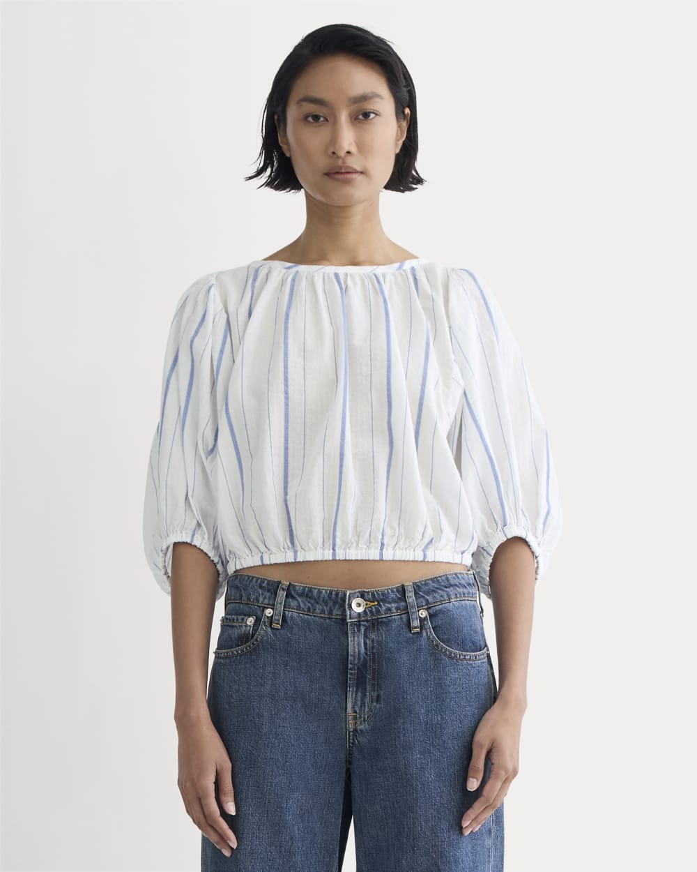 womens-gauze-puff-sleeve-top-bone-dutch-blue | primary