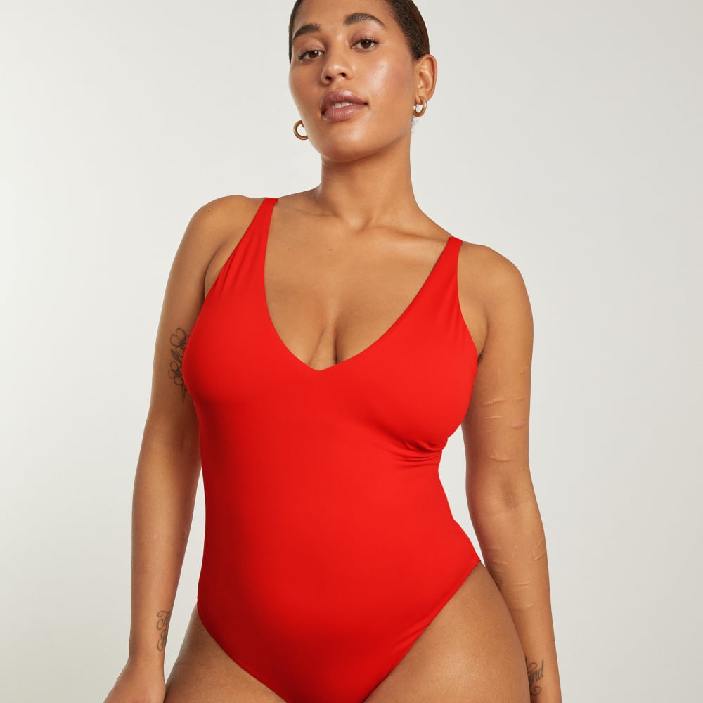 womens-v-neck-one-piece-red