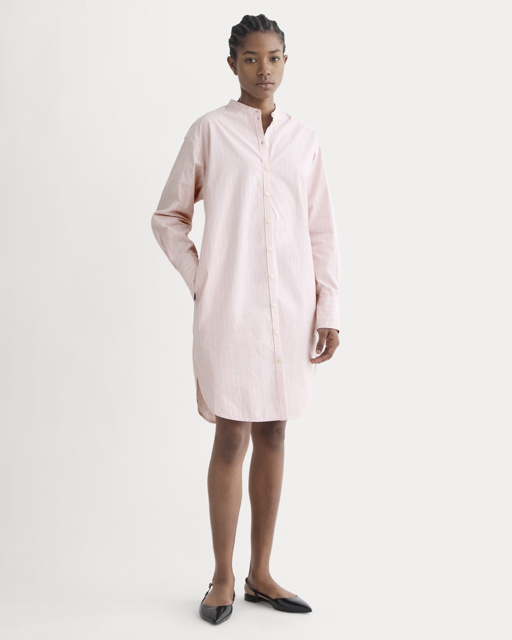 pink cotton shirt dress Pink Cotton Poplin Fit and Flare Short Button-Down Shirt Dress 66" / Custom Height (Free)