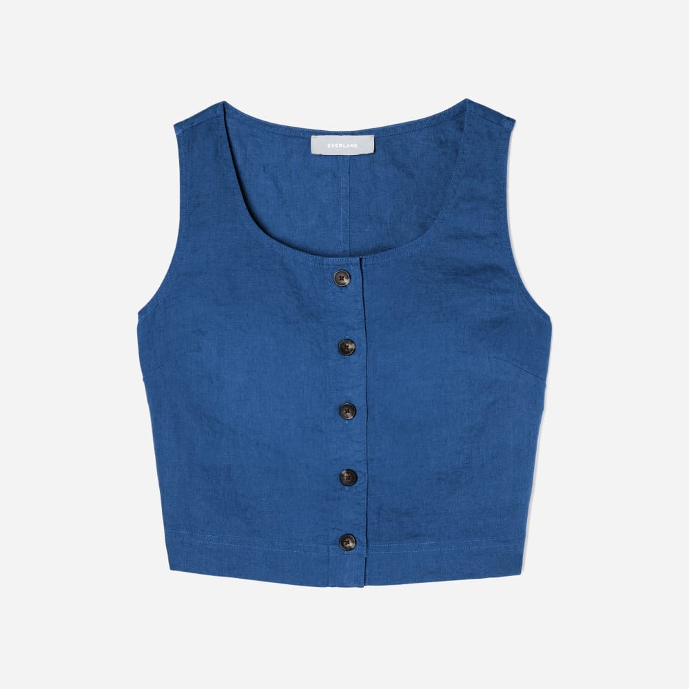 womens-linen-button-crop-tank-deep-blue | alt